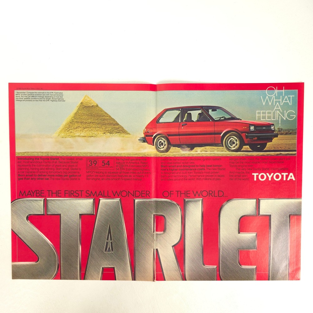 Toyota Starlet Print Ad 1980 Red Hatchback 2-Page Vintage Garage Wall Decor Art